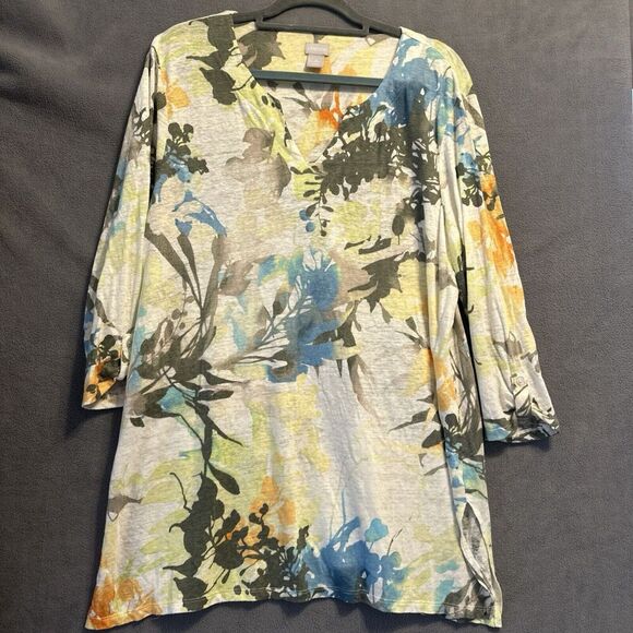 Chico's 100% Linen Floral V-Neck 3/4 Sleeve Shirt Size 3 (XL) Tropical Vacation - Picture 1 of 9